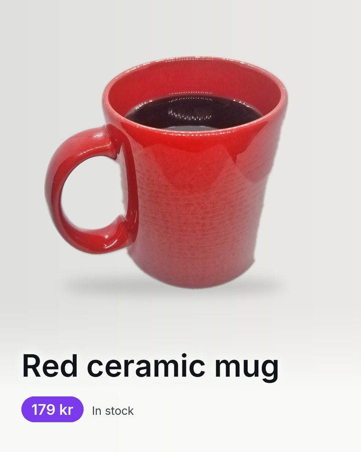 The example shop's card for a red ceramic mug, drawn by FeedPilot: the photo, the name and the price.